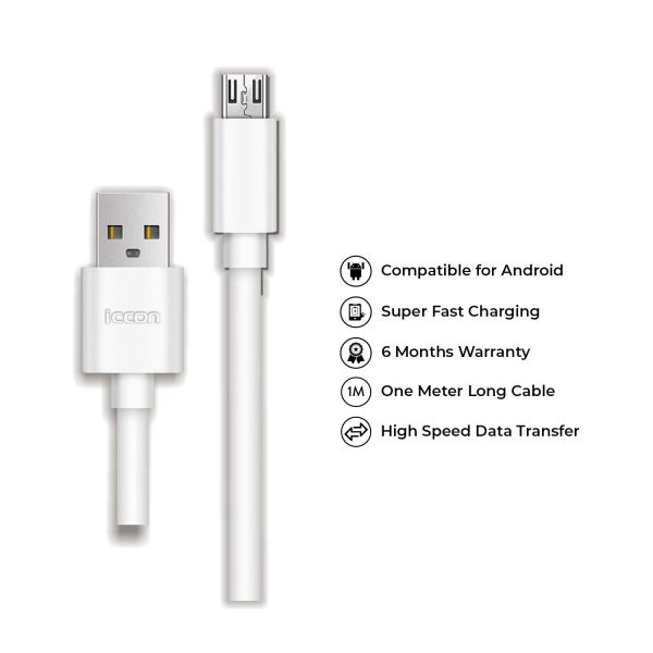 Iccon 2A Fast Charging USB Data Cable - White (1 Meter)