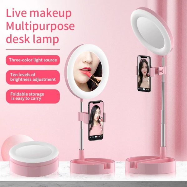 Compact Foldable Selfie Ring Light with Mirror and Mobile/Camera Holder Attachment (Pink)