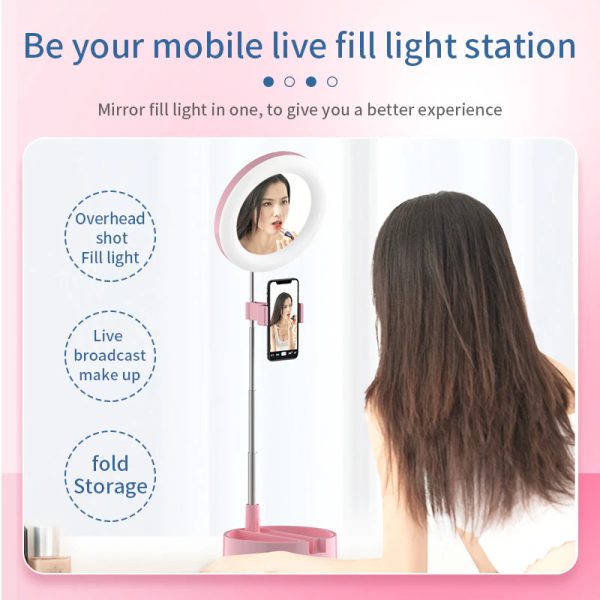 Compact Foldable Selfie Ring Light with Mirror and Mobile/Camera Holder Attachment (Pink) - Image 3